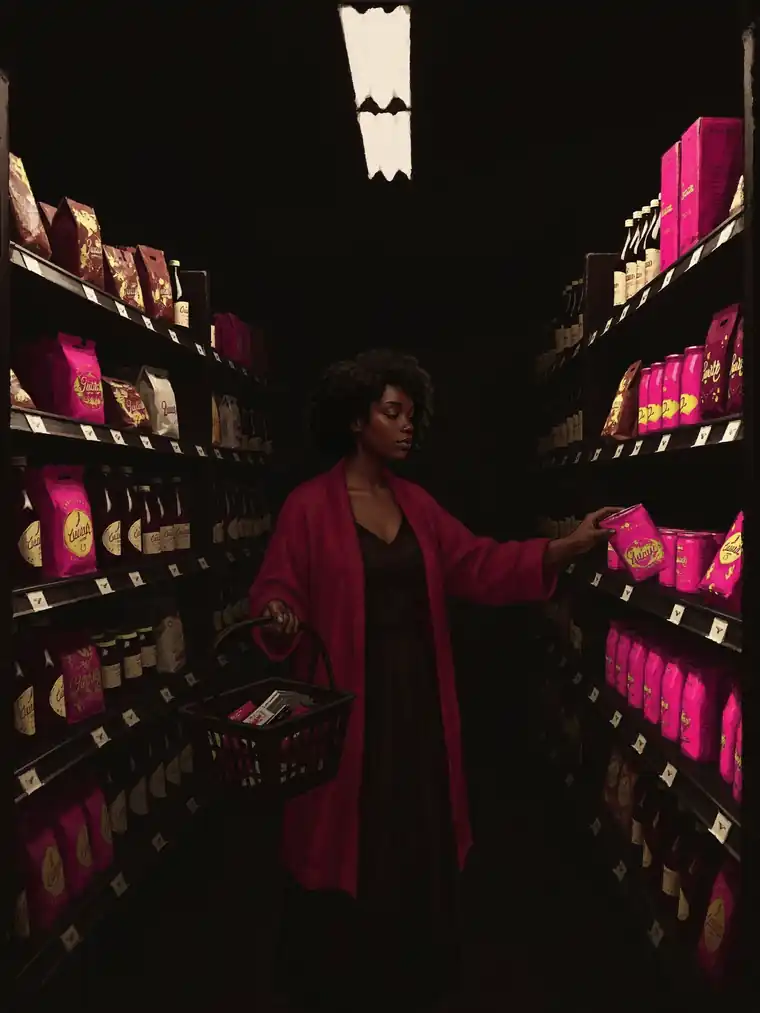 Cleo in a grocery aisle under cold overhead light, reaching for a specific item without looking at it.