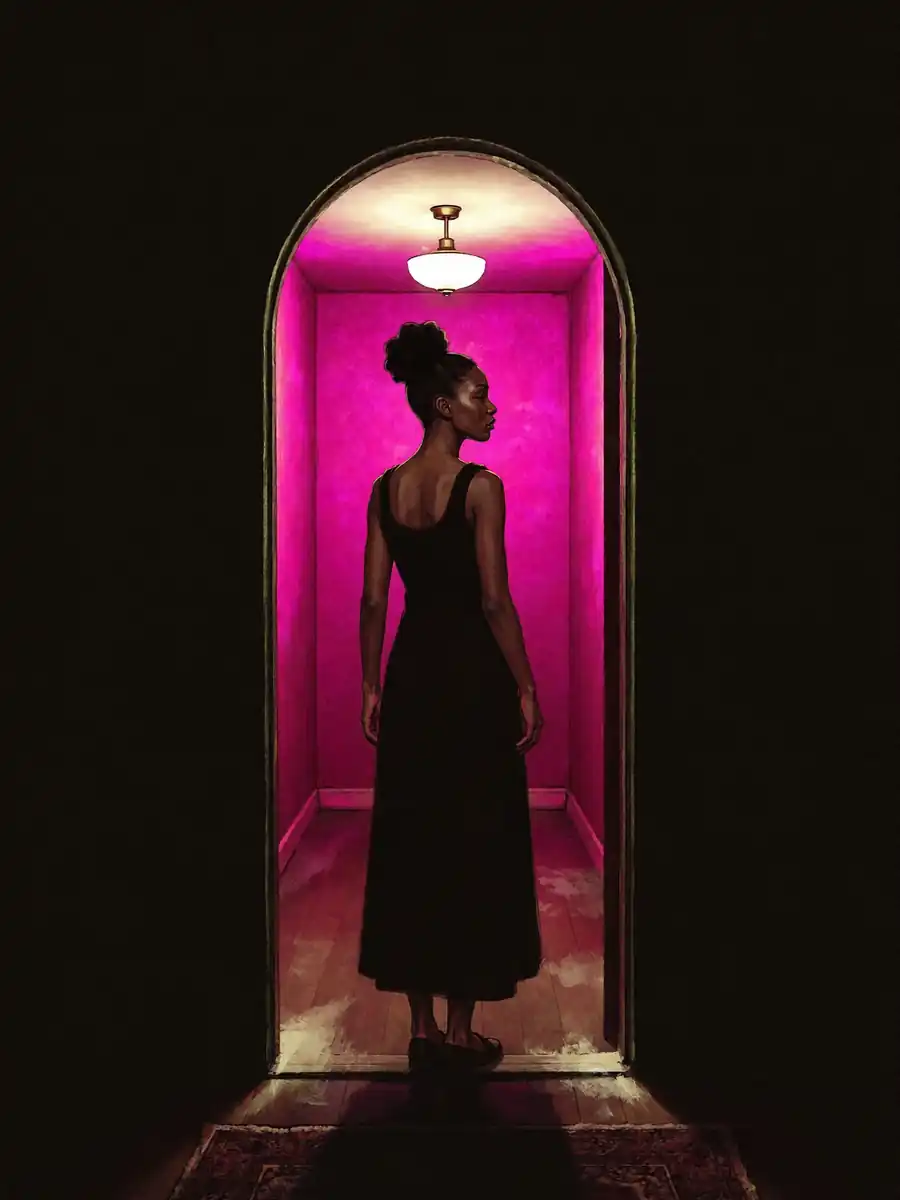Nova standing in a doorway between a dark hallway and a warmly lit room she has finished setting up for other people.
