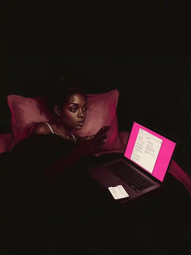June awake in bed at 3:47am, laptop glowing, researching something that is not hers.