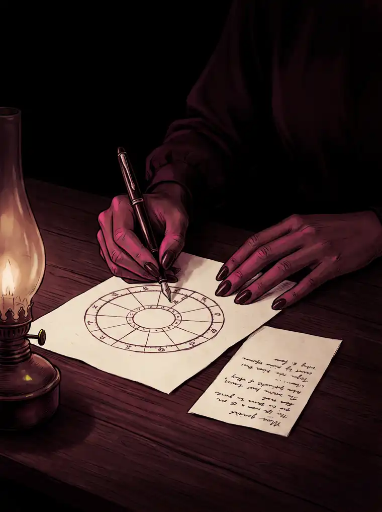 Hands at a kitchen table late at night, drawing a chart wheel on paper by lamplight.
