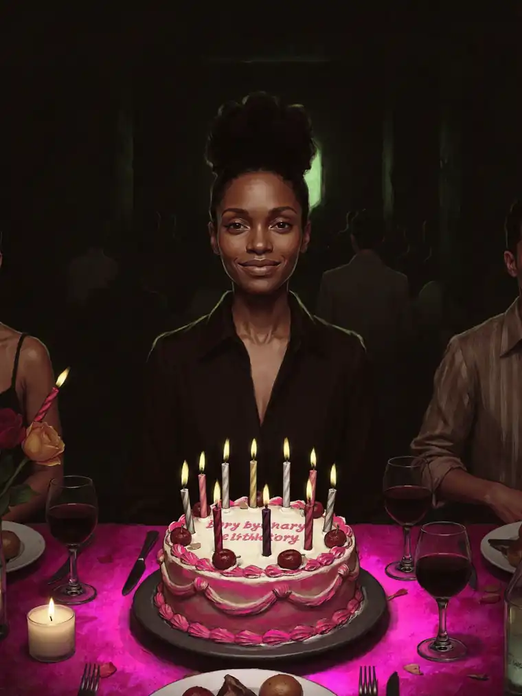 Nova at a crowded celebration table, warm and genuinely happy, sitting slightly outside the light of somebody else's birthday cake.