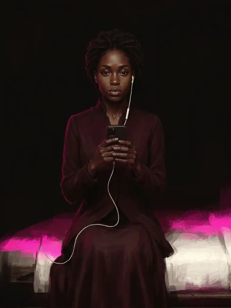 Odessa sitting on the edge of a bed in the dark, one earbud in, a phone held in both hands, completely still.