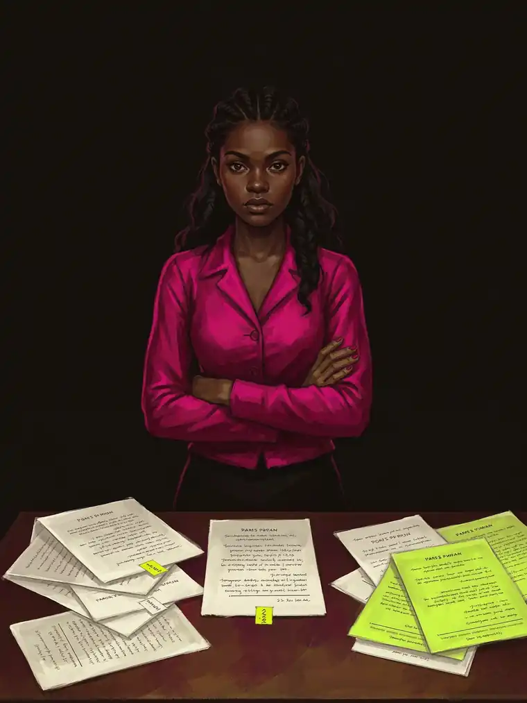 Ren standing over a table covered in printed documents laid out in perfect neat rows, arms crossed.