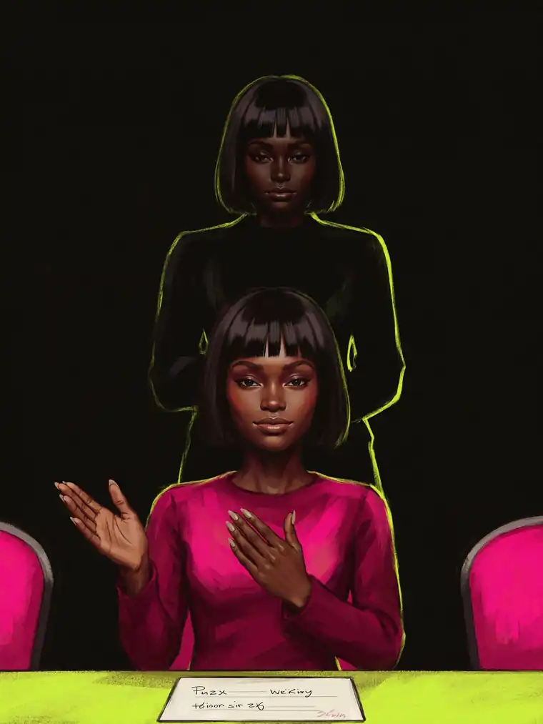 Saint in a meeting room, applauding lightly, while her own shadow self stands behind her chair, not applauding.